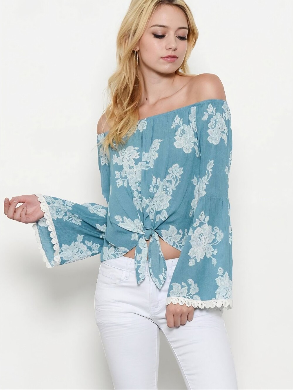 Adorable Jessy M. Crop Blouse Front Tie Off Shoulder Soft Teal/White -Small NWOT